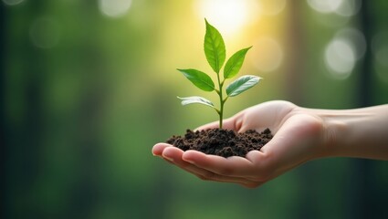 A small plant, vibrant green leaves, rests gently in a hand holding dark soil, symbolizing new life and growth in a natural outdoor setting.