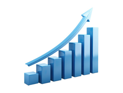 3D graphic of a rising bar graph.  Blue bars increase in height, with a rising blue arrow.  Illustrates growth and progress