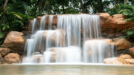 A serene waterfall cascades over natural rocks, surrounded by lush greenery, creating a tranquil oasis.