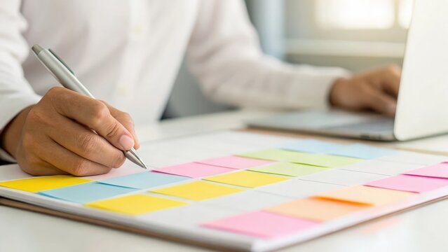 Close-up of planning process with sticky notes — person managing goals and daily schedule
