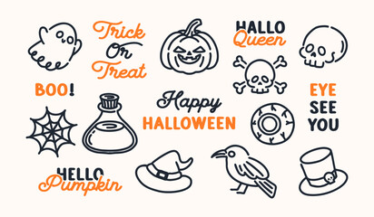 Vector Set of Halloween Doodles, Hand Drawn Autumn Illustration, Collection of Spooky Clipart Elements and Quotes