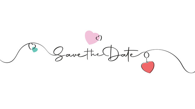 Save the date lettering with hearts in red blue and pink on a white background invitation design