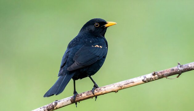 Side view of a blackbird on a branch.  Blurred background