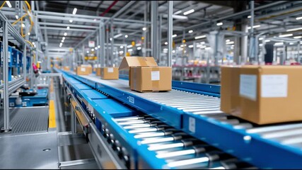 Packages move along a conveyor belt in a modern warehouse during peak operational hours