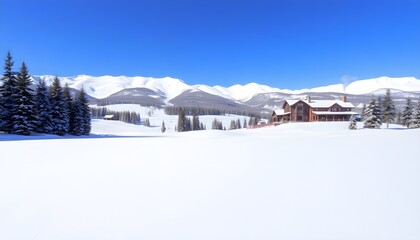 Fototapeta premium 눈이 가득 내린 산 아래 스키장a ski resort under a snowy mountain