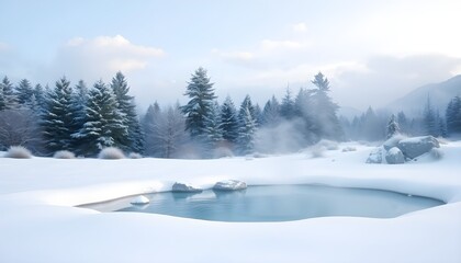 Obraz premium 겨울 눈이 쌓인 나무 사이 따뜻한 온기 수증기가 있는 온천물Hot spring water with warm, warm steam between trees with winter snow