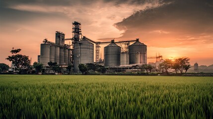 Industrial silos at sunset beside lush green rice fields.