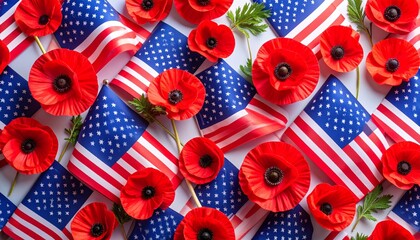 Obraz premium Patriotic seamless pattern with American flags and vibrant red poppies
