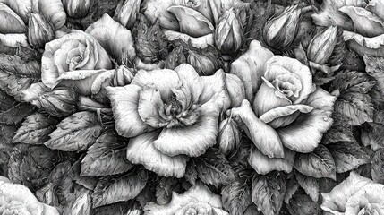 Detailed grayscale illustration of a rose bouquet