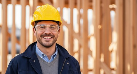 Happy construction worker smiling with wooden frame structure building site carpentry industry job