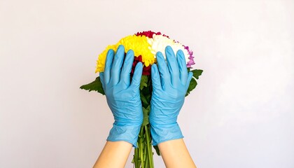 Hands in blue gloves holding a bouquet of colorful flowers against a light background