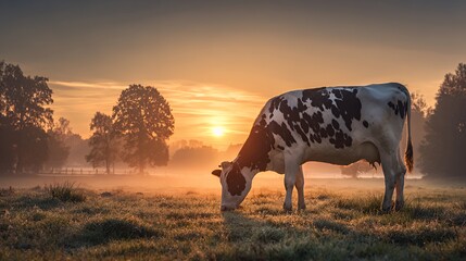 A black and white dairy cow grazing in a misty field at sunrise.