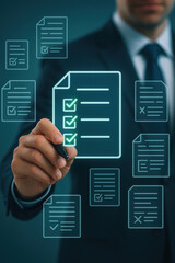 Businessman hand holding pen with checklist icons representing task completion and productivity