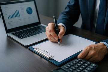 Fototapeta premium Person writing on clipboard with laptop and calculator on desk in office