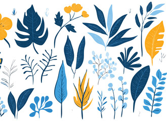 Fototapeta premium Collection of delicate blue watercolor botanical illustrations of tropical leaves and flowers