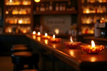 A cigar lounge bar with glowing amber ashtrays.
