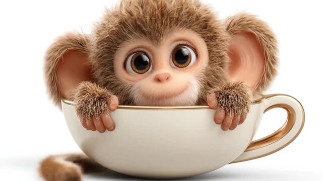 Cartoon monkey in a teacup digital illustration isolated on white background