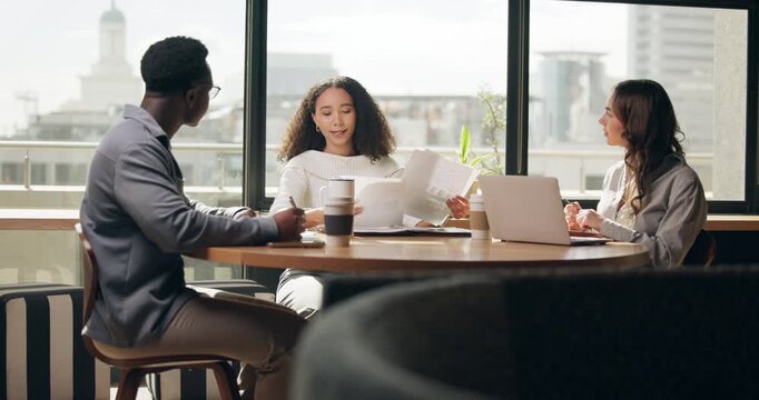 Business, people and meeting with document in office for planning, story ideas and draft feedback. Woman, paperwork and staff brainstorming with team, article pitch and review headline of publication