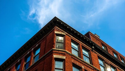 Obraz premium Architectural corner of a red brick building against a bright blue sky