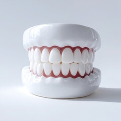 Obraz premium Close-up of a dental model showcasing perfect white teeth and healthy gums against a clean white background, ideal for dentistry and oral hygiene visuals.