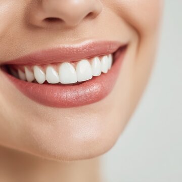 A close-up shot showcases a beautiful smile with perfect white teeth and healthy gums, accentuated by naturally glossy lips, conveying dental hygiene.