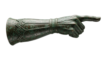 Ancient, weathered bronze gauntlet and forearm with verdigris patina, robust, dark oxidized, single prominent finger-like protrusion extending right, isolated on white studio background with copy