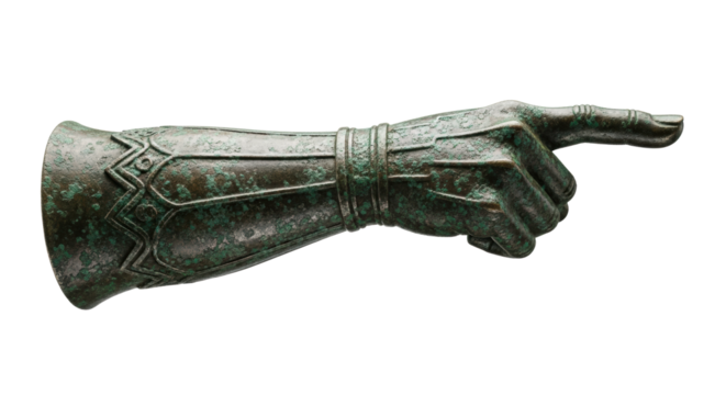 Ancient, weathered bronze gauntlet and forearm with verdigris patina, robust, dark oxidized, single prominent finger-like protrusion extending right, isolated on white studio background with copy