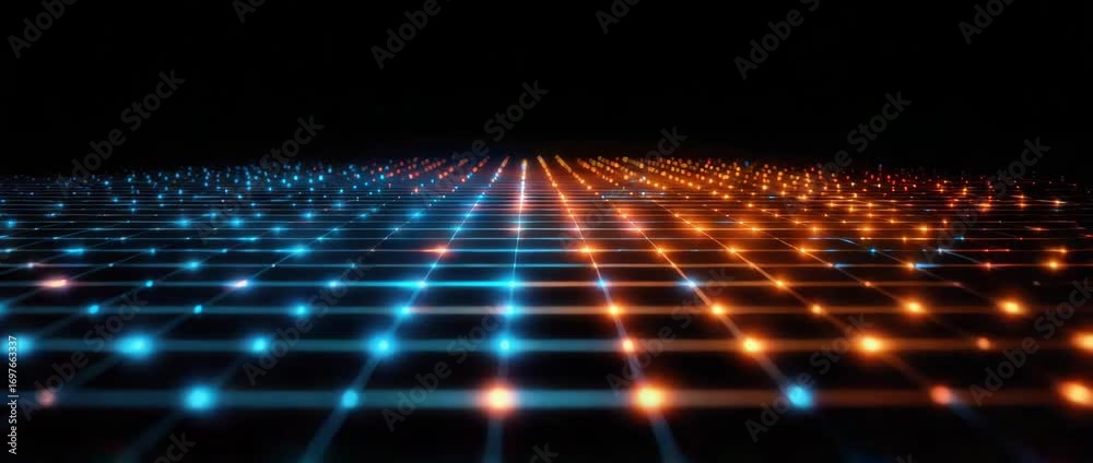 Wall mural digital grid glowing blue and orange light creating futuristic dynamic technology background with de