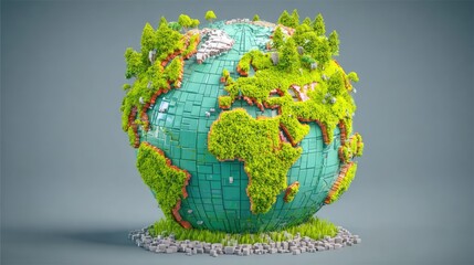 Stylized 3D globe, covered in grass and trees, on a grey background