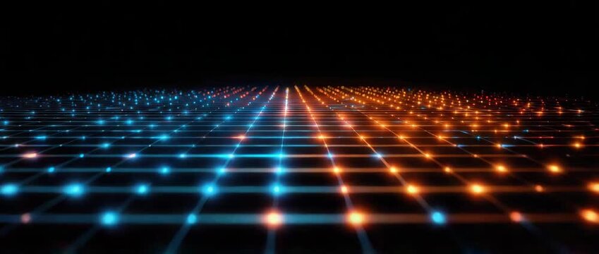 Digital grid glowing blue and orange light creating futuristic dynamic technology background with depth perspective vibrant energy and motion enhancing digital technology background
