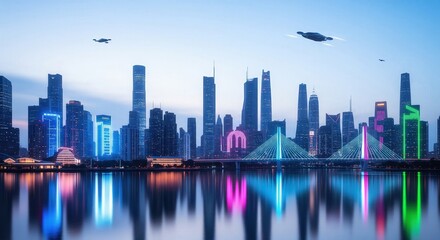 futuristic metropolis, neon skyline, flying vehicles, AI city