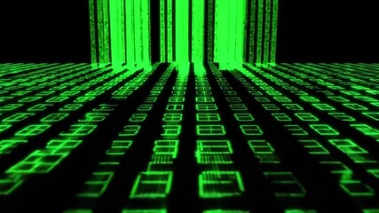 Digital green code matrix with glowing vertical pattern and abstract futuristic technology concept on dark background creating mysterious high tech atmosphere and cyber security feeling