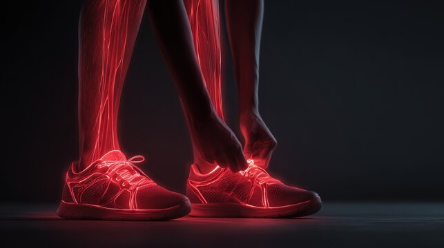 World Thrombosis Day. Healthy lifestyle concept with runner tying shoes, red glowing overlay on legs to highlight blood circulation, cinematic lighting