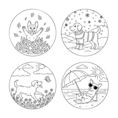A set of four circular line art illustrations showing cute dogs enjoying the four seasons.