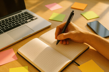 Hand writing in notebook with pen on wooden desk with laptop and sticky notes