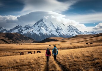 Two Hikers Walk Through A Vast Golden Field With Snow Capped Mountains And Grazing Horses Under A Blue Sky.