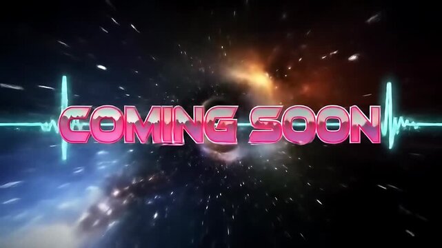 Coming soon typography zooms through distant galaxy in outer space