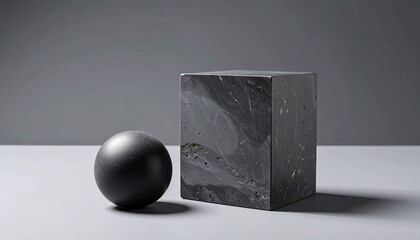 Black Sphere and Cube on Gray Surface