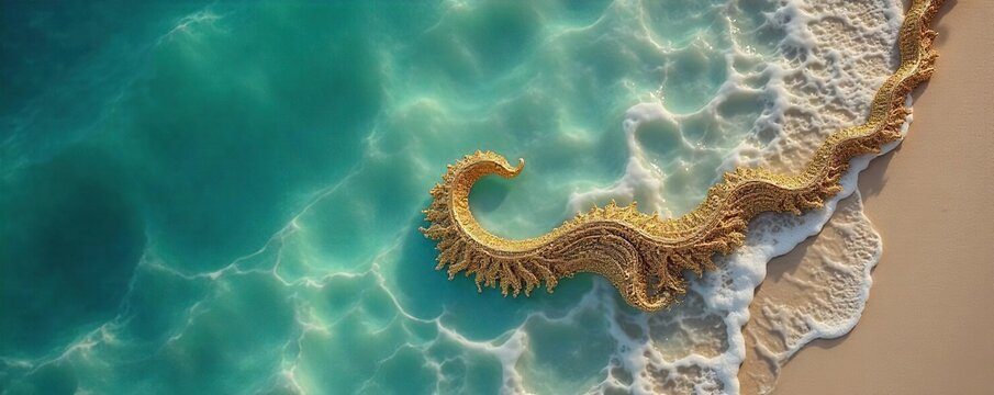 Elegant gold necklace shaped like a winding coastline, intricate detailing, luxury beach jewelry, summer vibes  Perfect for seaside fashion or coastal themed events ,  luxury jewelry,  sea