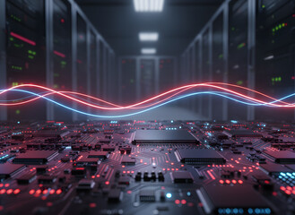 Data Center Server Room Circuit Board, Network Infrastructure, Digital Wave, Modern Technology Concept.