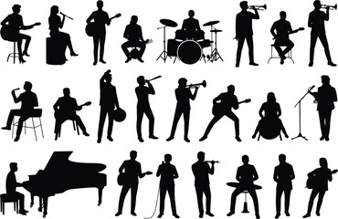Musicians performing with instruments, singer, guitarist, drummer, trumpeter, pianist silhouettes, live music band, concert performance, musical artist illustration, vector set