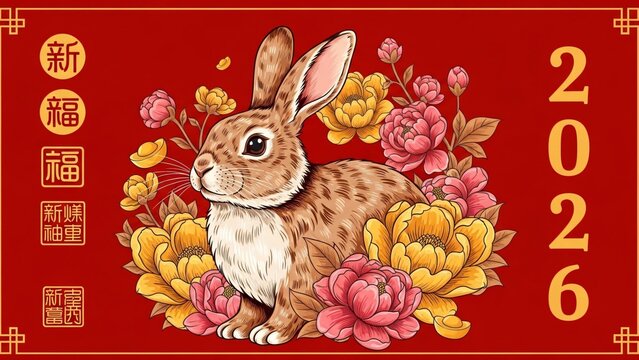 Lucky rabbit with peonies welcomes new year 2026
