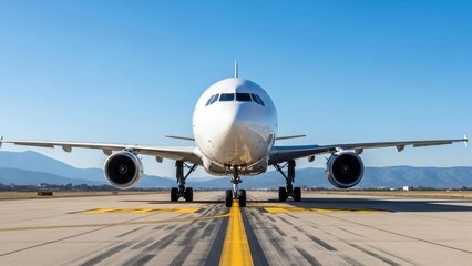 Obraz premium Commercial airplane taxiing on runway, ready for takeoff