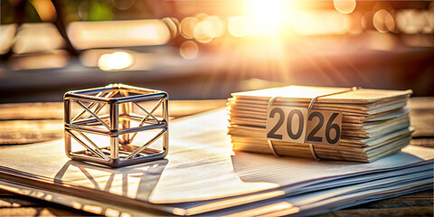 A neatly arranged workspace features a metal geometric sculpture next to stacks of paper labeled with the year 2026, illuminated by soft sunlight during dusk