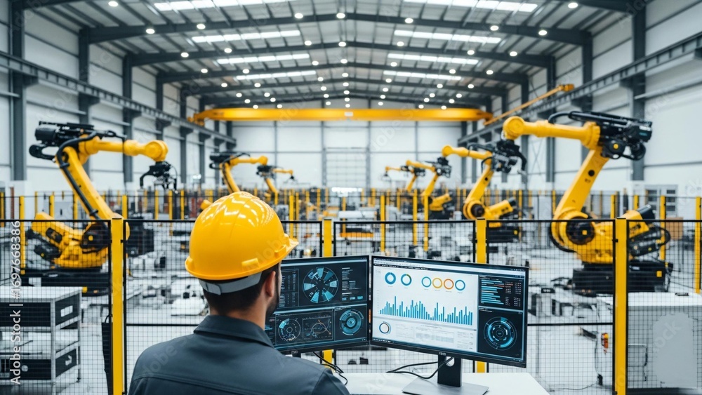 Wall mural engineer monitors automated factory robots on dual screens