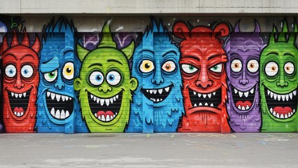 Vibrant cartoon monsters painted on rolling garage doors