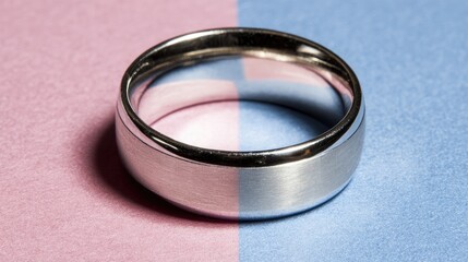 Sleek, metallic ring on a pink and blue background