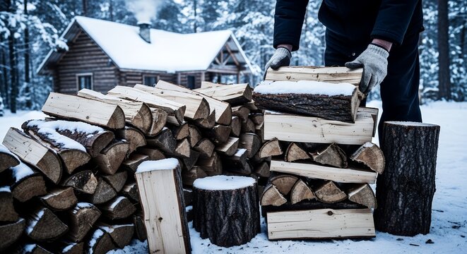 Person Stacking Chopped Firewood in Snowy Winter Forest Next to Rustic Cabin