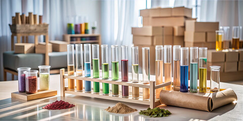 A laboratory workspace showcases a collection of test tubes filled with vibrant liquids. Surrounding the setup are colorful powders and materials, indicating ongoing experiments in a bright room