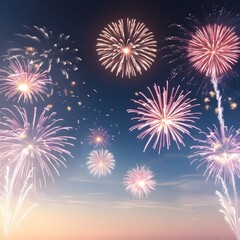 Fototapeta premium Magnificent night fireworks in bright neon colors, bursting across the sky with breathtaking detail, illuminating the city below in a spectacular festive celebration scene.